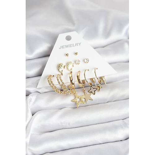 Gold Renk Y�ld�zl� Set 6 �ift Kad�n K�pe Seti