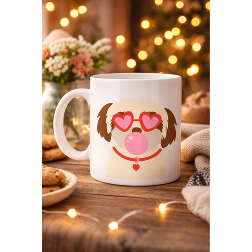 Kalpli G�zl�kl� Shih Tzu Tasar�ml� Porselen Kupa MODEL 53 � Sevimli K�pek Fig�rl� Kahve & �ay Kupas�
