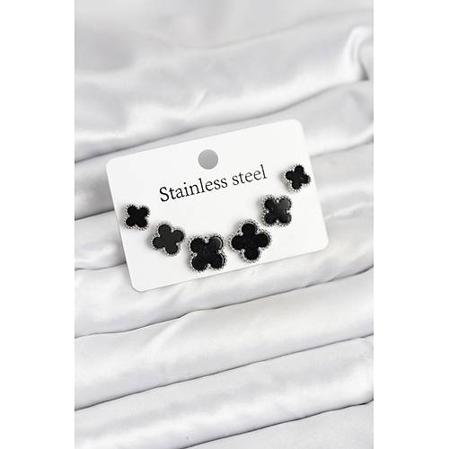 316L �elik G�m�� Siyah Renk 3 Boy Yonca K�pe Seti