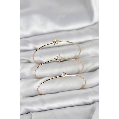 Gold Renk Kutup Y�ld�z� Model Zirkon Ta�l� 3'l� Kad�n Bileklik Kombini