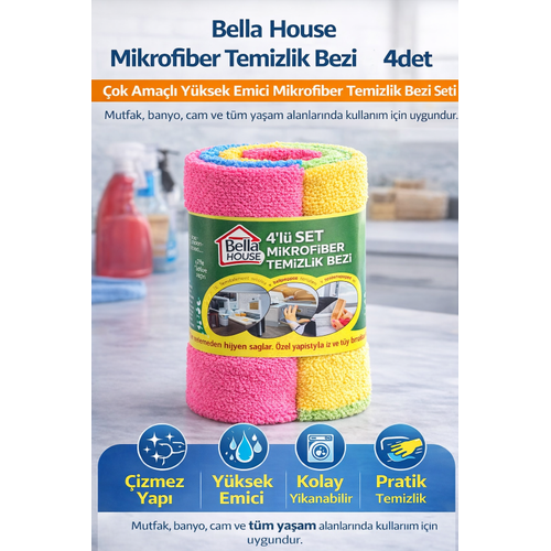Bella House Mikrofiber Temizlik Bezi 4 Adet (4�L� 1 RULO)�ok Ama�l� Y�ksek Emici Mikrofiber Temizlik Bezi Seti