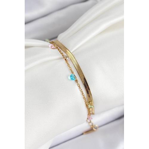 316L �elik Gold Renk Kar���k Renkli Kristal Ta�l� 2'li Kad�n Bileklik