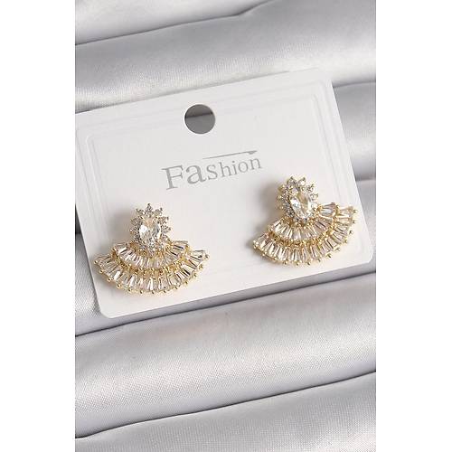 Pirin� Gold Renk Zirkon Ta�l� Yelpaze Model Kad�n K�pe