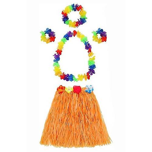 Yeti�kin ve �ocuk Uyumlu Luau Aloha Hawaii Turuncu Etek ve Renkli Kolye Ta� 2 Adet Bileklik Seti