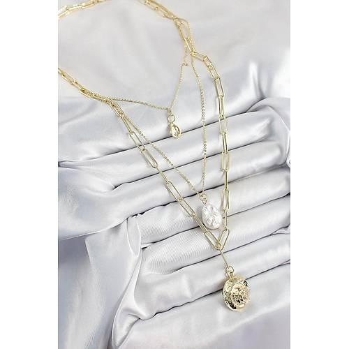 Pirin� �oklu Zincirli �ncili Deniz Kabu�u Model Gold Renk Kad�n Kolye