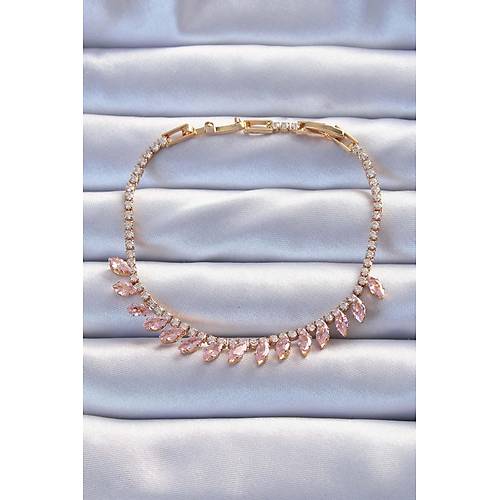 Pirin� Vip Seri Alt�n Renk Pembe Zirkon Ta�l� Bileklik