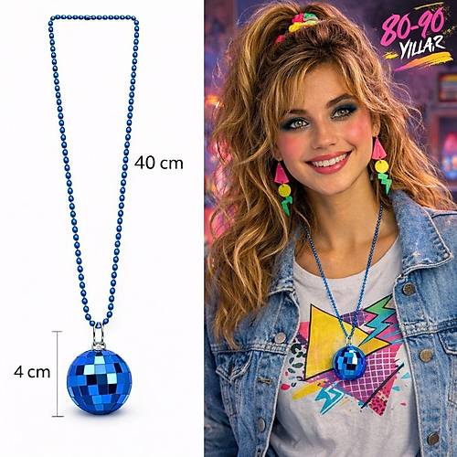Retro Disko Topu �ekilli 80'ler 90'lar Mavi Renk Plastik Kolye