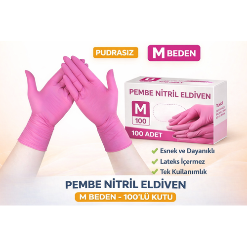 Pembe Nitril Eldiven M Beden Pudras�z 100�l� 1 Kutu Tek Kullan�ml�k Dayan�kl� Muayene Eldiveni