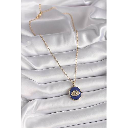 316L �elik Gold Renk Zincir Mavi Mineli Zirkon Ta�l� G�z ��leme Kad�n Kolye