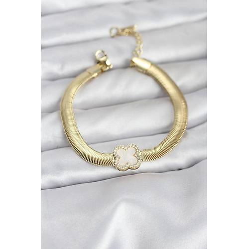 316L �elik Gold Renk Beyaz Yonca Model Zirkon Ta�l� Y�lan Zincirli Kad�n Bileklik