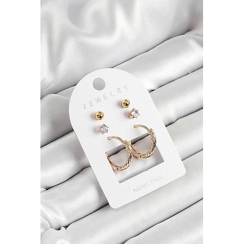 Pirin� Zirkon Ta� Ve Halka Fig�rl� Gold Renk 3'l� �ift Kad�n K�pe Set