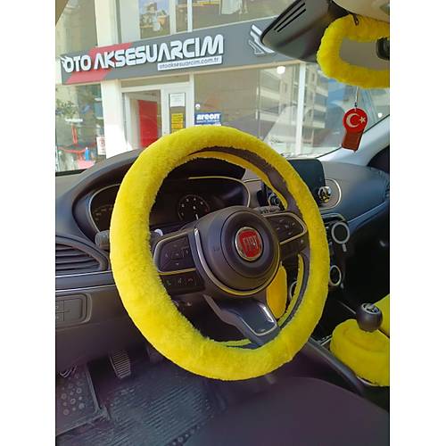 Yumu�ak T�yl� Pelu� Direksiyon K�l�f� Sar�