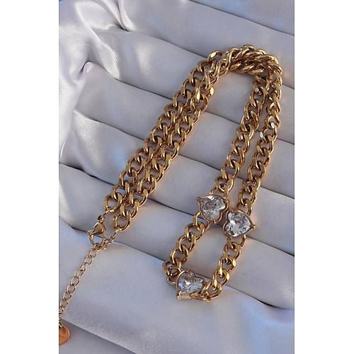 316L �elik Gold Renk Zirkon Ta�l� Kalp Model Zincir Kolye