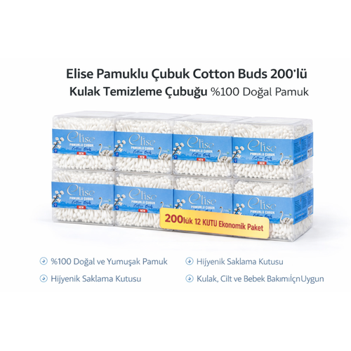Elise Pamuklu �ubuk Cotton Buds 200�l� Kulak Temizleme �ubu�u Do�al Pamuk 12 Paket