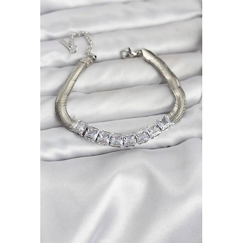 316L �elik G�m�� Renk Kare Zirkon Ta�l� Y�lan Zincirli Kad�n Bileklik