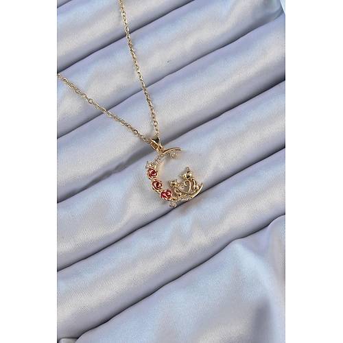 316L �elik Zincir Alt�n Renk K�rm�z� G�l Detay Kedi Fig�r Zirkon Ta�l� Ay Kolye