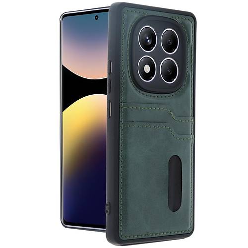 Redmi Note 14 Pro 5G K�l�f Sara Kartvizitli Deri K�l�f - Koyu Ye�il