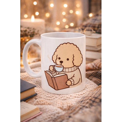 Kitap Okuyan Sevimli K�pek Tasar�ml� Porselen Kupa MODEL 190 � Kahve Temal� Tatl� K�pek Kahve Kupas� � K�pek Severlere Hediye Kupa