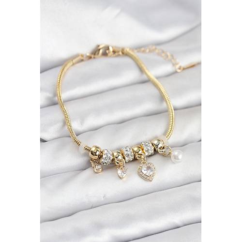 Pirin� Gold Renk Kalp Charml� Kad�n Bileklik