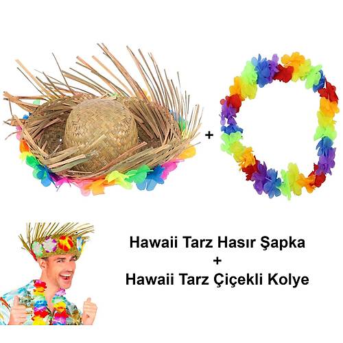 Hawaii Tarz� Tropikal �i�ekli Has�r �apka ve �i�ekli Hawaii Kolye