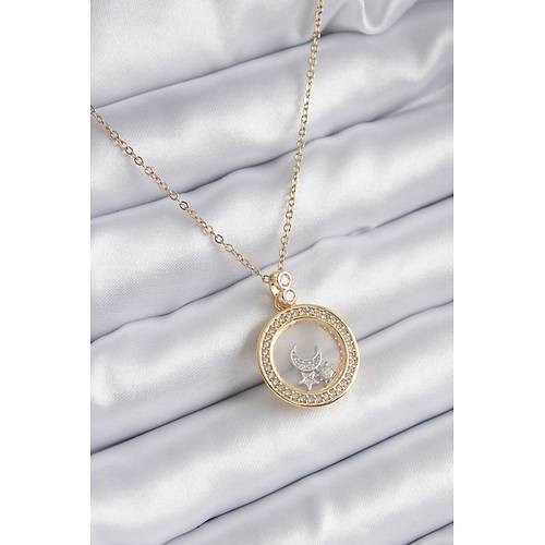 316L �elik Gold Renk Zirkon Ta� Detay Ay Y�ld�z Fanus Model Kad�n Kolye