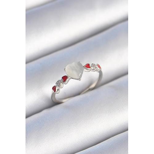 Pirin� G�m�� Renk Beyaz Mineli Kalp Model Zirkon Ta� Detayl� Kad�n Y�z�k