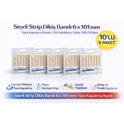 Steril Strip Diki� Band� 6 x 101 mm Yara Kapatma Band� Cilt Sabitleyici Strip 10lu 5 Paket