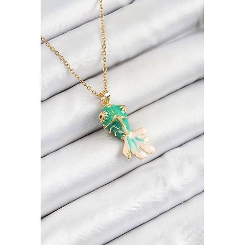 316L �elik Zincir Ye�il Bal�k Model Gold Renk Kad�n Kolye