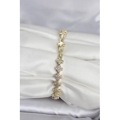 Pirin� Gold Renk Yonca Model S�ral� Zirkon Ta�l� Kad�n Bileklik