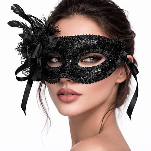 Siyah Venedik Parti Maskesi � �i�ekli T�yl� Payetli