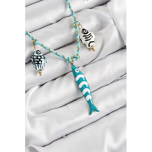 Seramik Motifli Bal�k Fig�rl� Model Mavi �p Kad�n Kolye