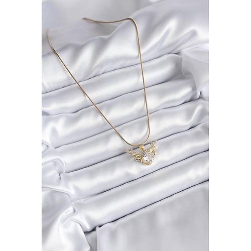 316L �elik Gold Renk Zirkon Ta�l� Boynuz Model Kad�n Kolye