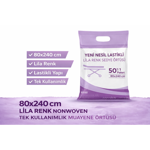 Yeni Nesil Lastikli Lila Renk Sedye �rt�s� 50�li 1 Paket 80x240 cm Nonwoven Tek Kullan�ml�k Muayene �rt�s�