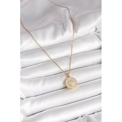 316L �elik Gold Renk Zincir Madalyon Zirkon Ta�l� Kalp Model Kad�n Kolye