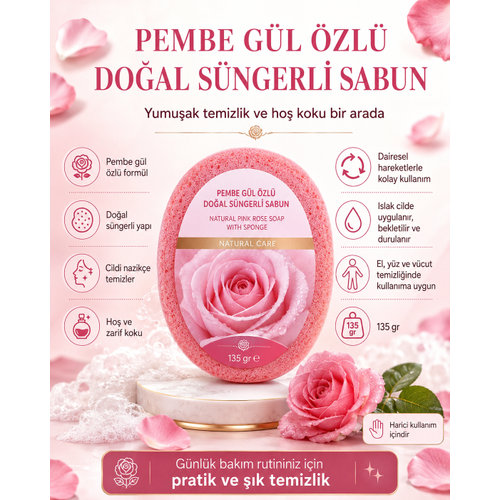 Pembe G�l �zl� Do�al S�ngerli Sabun 135 gr El Y�z ve V�cut Temizli�i ��in