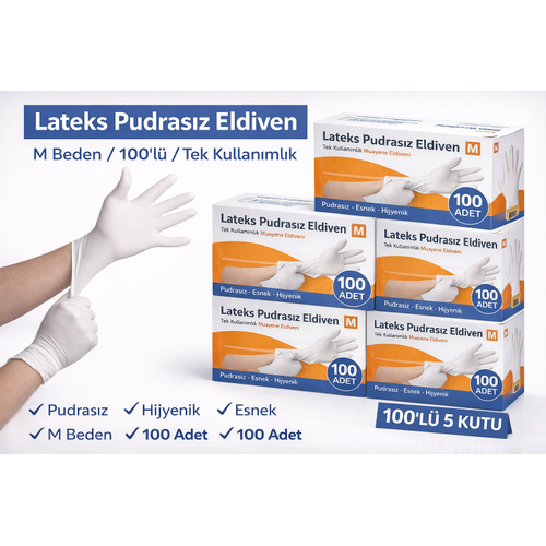 Lateks Pudras�z Eldiven M Beden 100'l� 5 Kutu � Tek Kullan�ml�k Elastik Muayene Eldiveni Toplu Paket