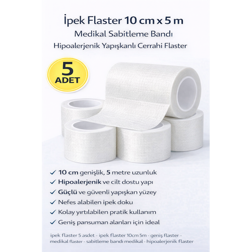 �pek Flaster 10 cm x 5 m 5 Adet Medikal Sabitleme Band� Hipoalerjenik Yap��kanl� Cerrahi Flaster