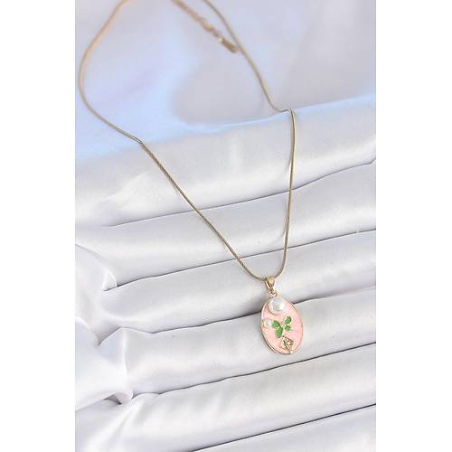 316L �elik Gold Renk Zincir Pembe Mineli Oval �ncili �i�ek ��lemeli Portre Model Kad�n Kolye