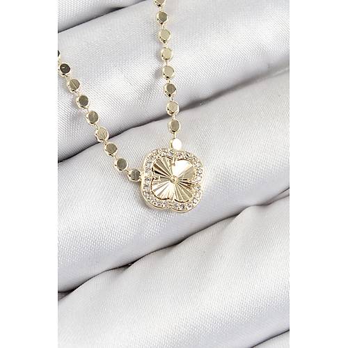 Pirin� Zirkon Ta�l� Yonca Model Ezme Zincir Gold Renk Kad�n Kolye