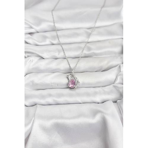 316L �elik Zincir G�m�� Renk Pembe Ku�u Model Zirkon Ta�l� Kad�n Kolye