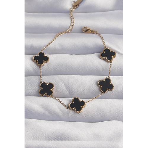 316L �elik Gold Renk Siyah Mineli Yonca Bileklik