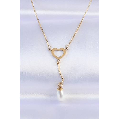 316L �elik Zincir Gold Renk �nci Ta� Detay Kalp Kolye