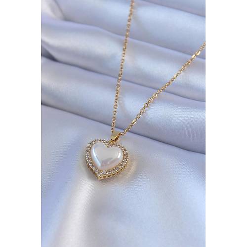 316L �elik Gold Renk �ncili Kalp Model Zirkon Ta�l� Kad�n Kolye