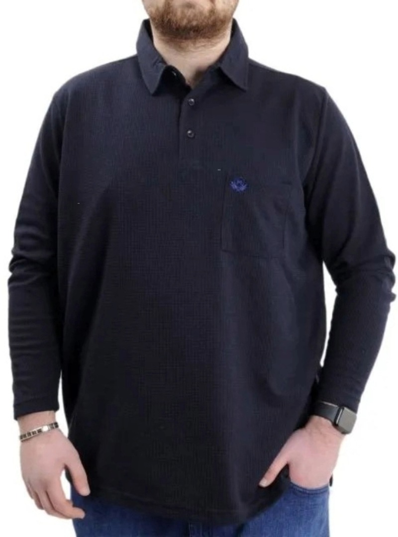 Büyük Beden Erkek Sweatshirt Polo Yaka Uzun Kol WAFFLE 23449 Lacivert