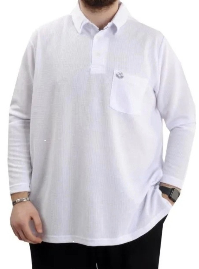 Büyük Beden Erkek Sweatshirt Polo Yaka Uzun Kol WAFFLE 23449 Beyaz