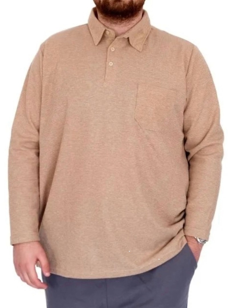 Büyük Beden Erkek SweatshirtPolo Yaka Uzun Kol WAFFLE 23449 Bej