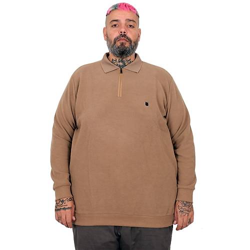 B�y�k Beden Erkek Sweat Polo Yaka Waffle Selanik S�tl� Kahve 25822
