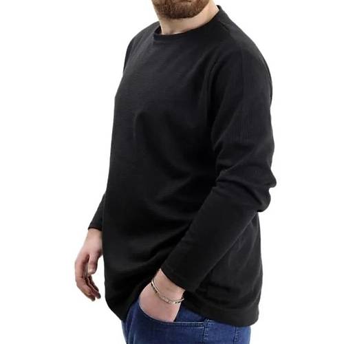 B�y�k Beden Erkek Sweatshirt Bisiklet Yaka Uzun Kol WAFFLE 23460 Siyah