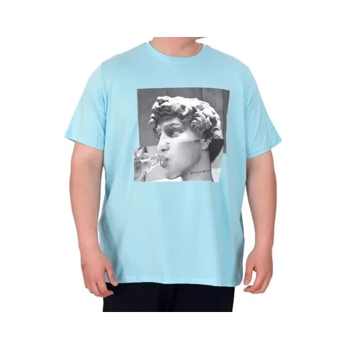 B�y�k Beden Erkek T-Shirt Bisiklet Yaka STATUE 25027 Turkuaz