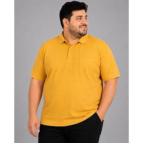 Battal Beden Erkek Tshirt Polo Yaka Cepli Klasik Pike 20552 Hardal